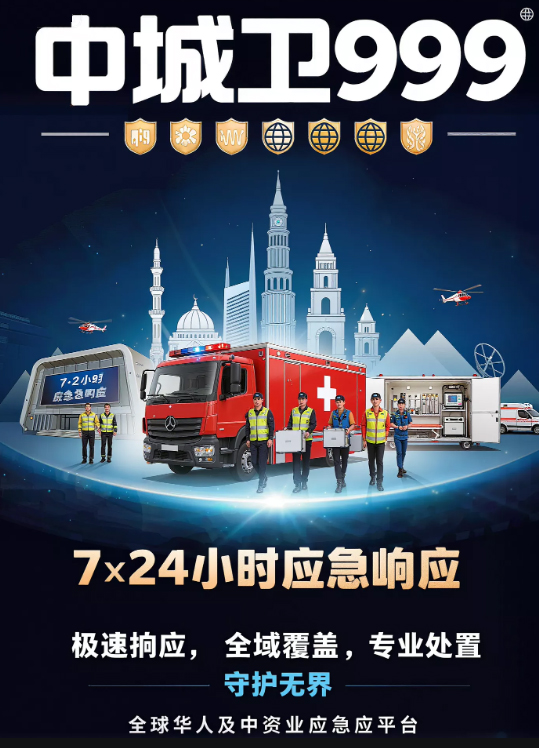 在海外，當你或你的員工遭遇綁架、搶劫、性侵、拘留，甚至突發重病、自然災害——誰能第一時間趕到現場？<br />
<br />
中城衛999全球華人及中資企業應急響應平臺，正是為此而生。